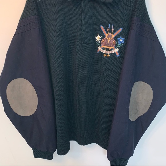 Faconnable Green Blue 100% Wool Sweater Leather Patches Embroidered Crest L - Picture 8 of 9